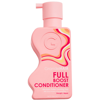 GrandeHAIR Full Boost Conditioner in pink 8.1 oz bottle with bold red and yellow wave design. Best hair conditioner for hydration and breakage repair.