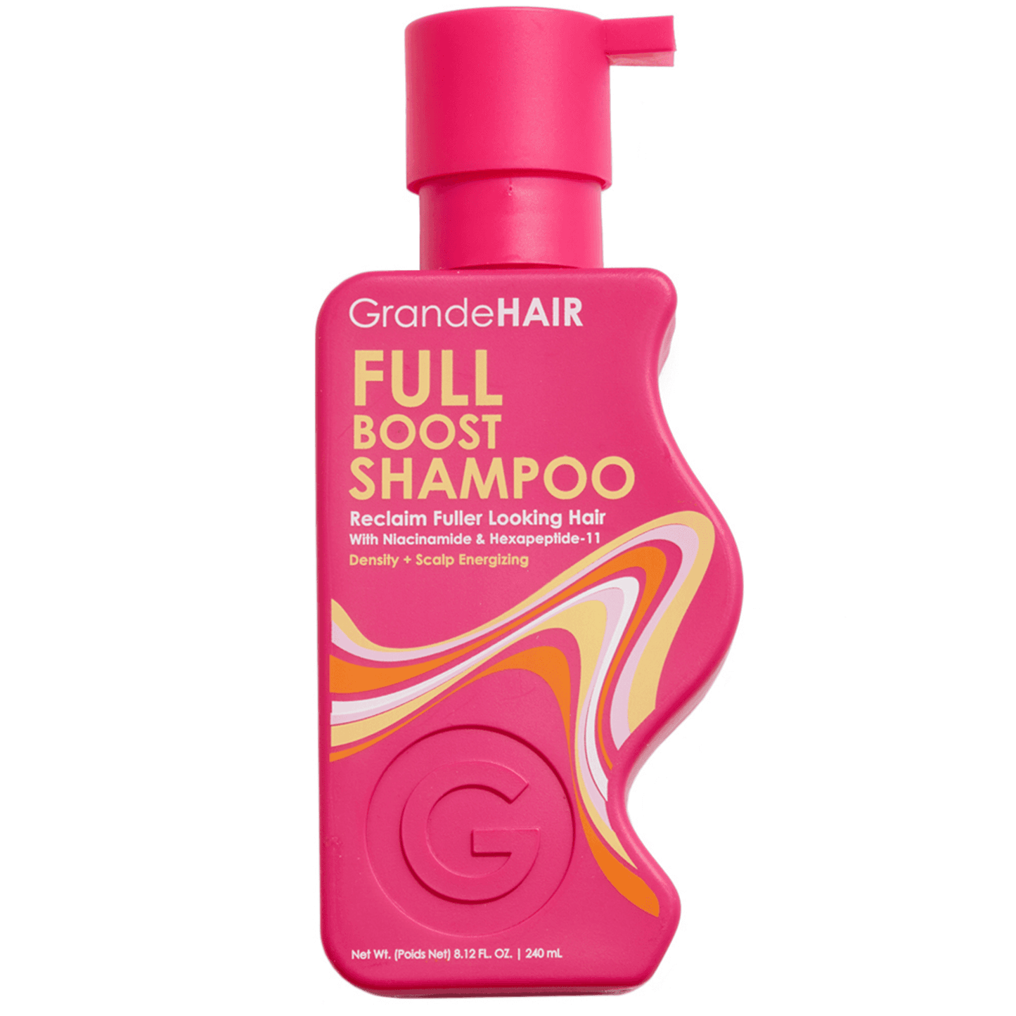 Volumizing GrandeHAIR Full Boost Shampoo for fine hair, featuring a sculpted pink bottle with scalp-energizing formula including ginseng and hexapeptide-11.