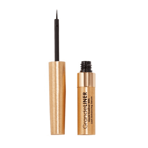 GrandeLINER Liquid Eyeliner with lash-enhancing serum in a sleek gold tube, ideal for bold eye makeup and lash growth support.