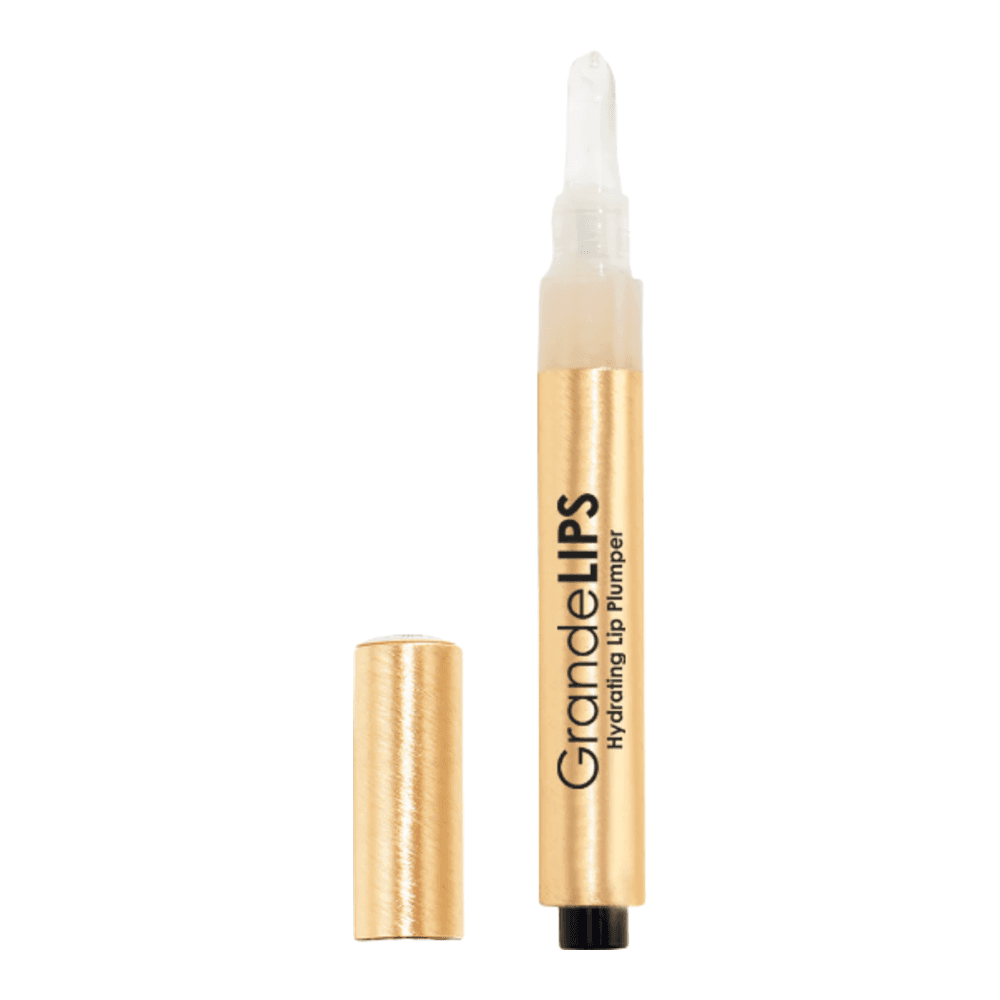 Grande Cosmetics Hydrating Lip Plumper in nude shade with gold twist-up tube. Enhances lip volume and moisture with hyaluronic acid.