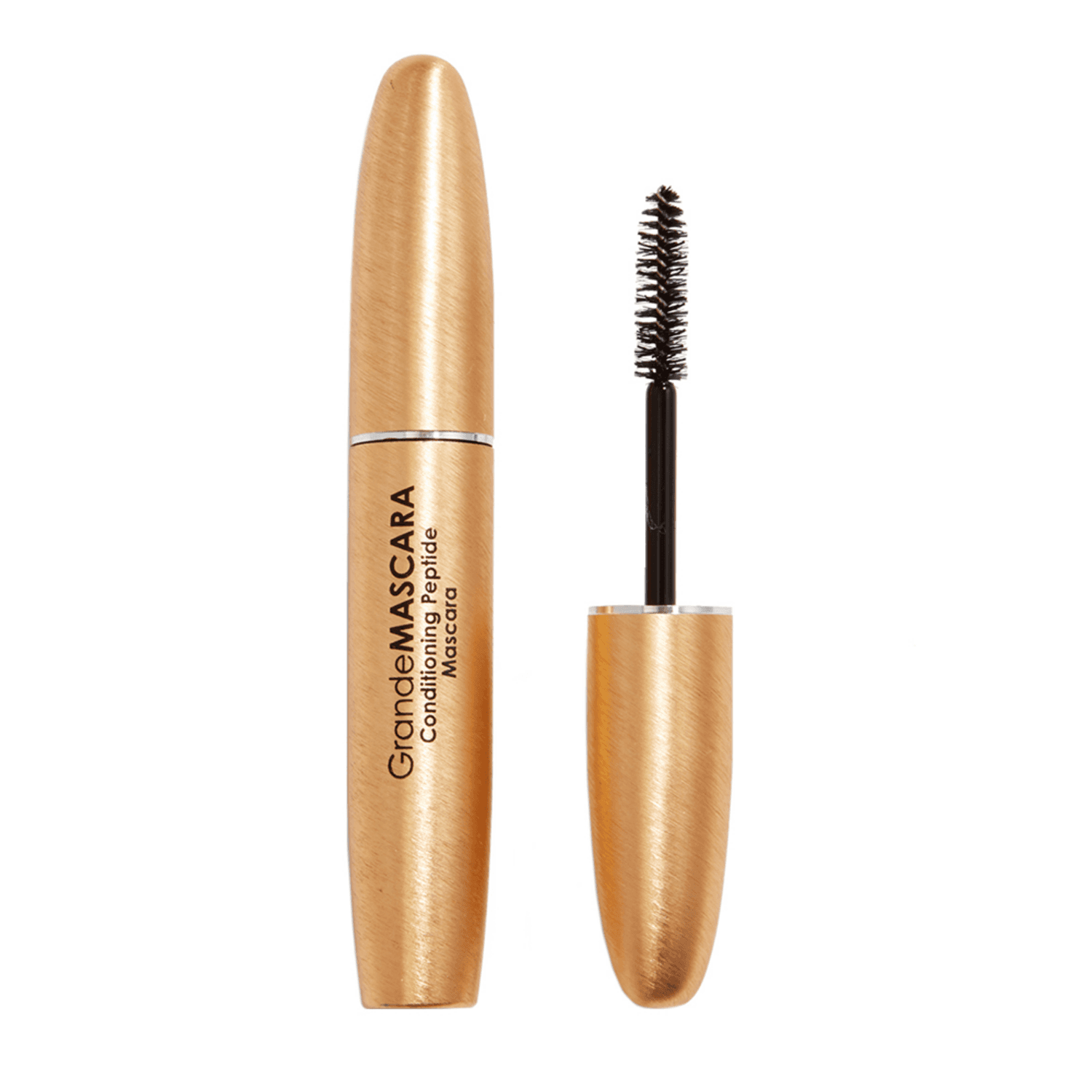 GrandeMASCARA Volumizing Mascara in black with peptide blend for lash conditioning. Gold tube with precision brush for length and volume.