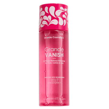 GrandeVANISH Makeup Remover - Bi-Phase by Grande Cosmetics in a pink bottle. Gently removes makeup while nourishing lashes and brows with jojoba oil and Vitamin E.