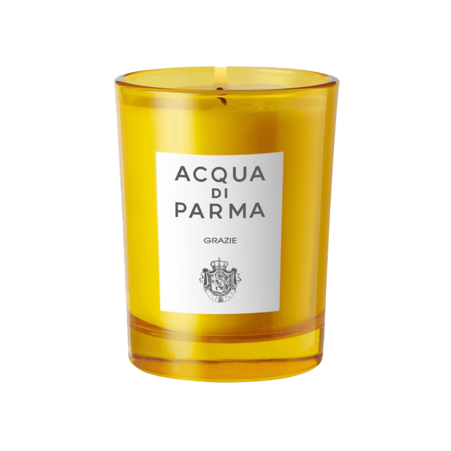 Acqua Di Parma Candle in yellow glass jar with label 'Grazie', featuring rose and ylang-ylang scent. Elegant gift candle for home fragrance lovers.