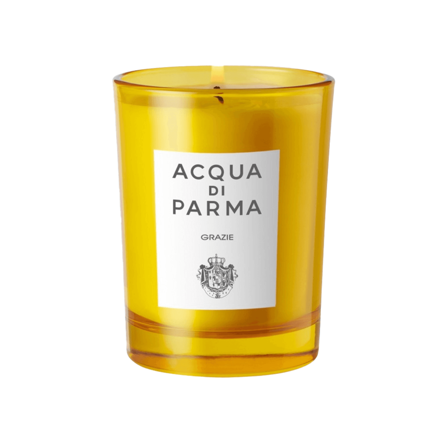 Acqua Di Parma Candle in yellow glass jar with label 'Grazie', featuring rose and ylang-ylang scent. Elegant gift candle for home fragrance lovers.