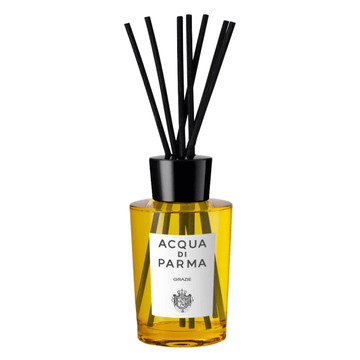 Acqua Di Parma Grazie Diffuser - Grazie Diffuser Edition in amber glass with black reeds. Elegant home fragrance for decor and gifting.