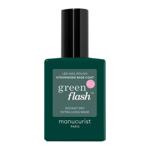 Manucurist Green Flash Base Coat bottle with vitaminized formula for stronger nails. Ideal for LED gel polish prep and long-lasting nail color.