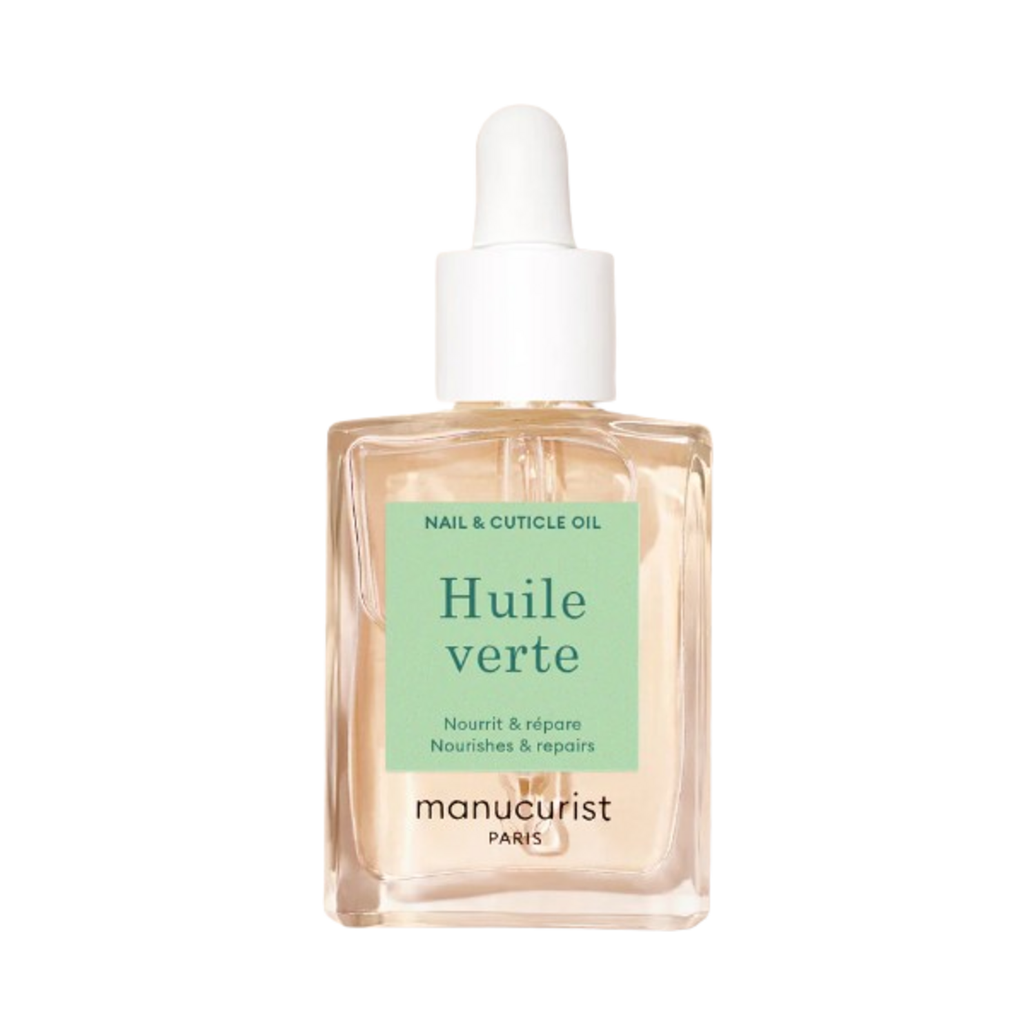 Manucurist Green Oil nail and cuticle treatment in a clear glass dropper bottle, best green nail care oil for nourishing and repairing nails.