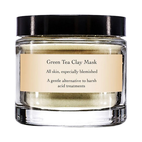 Evanhealy Green Tea Clay Mask in a clear glass jar with black lid, ideal for blemished and sensitive skin. Available at eSkinStore for deep cleansing.