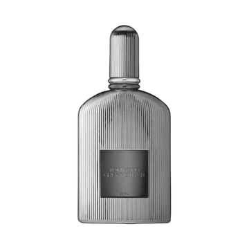 Tom Ford Grey Vetiver Fragrance bottle in metallic silver design, a luxe men's scent with citrus, spice, and wood notes.