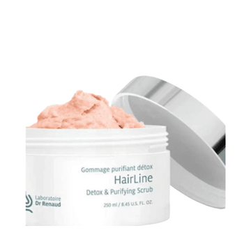 Dr Renaud HairLine Detox and Purifying Scrub in open white jar with pink exfoliating formula. Ideal for scalp detox and pore purification.