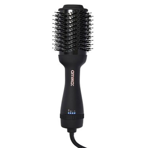 Amika Hair Blow Dry Brush 2.0 in sleek black design for voluminous blowouts and 2x shine. Ideal hair styling tool for salon-quality results at home.