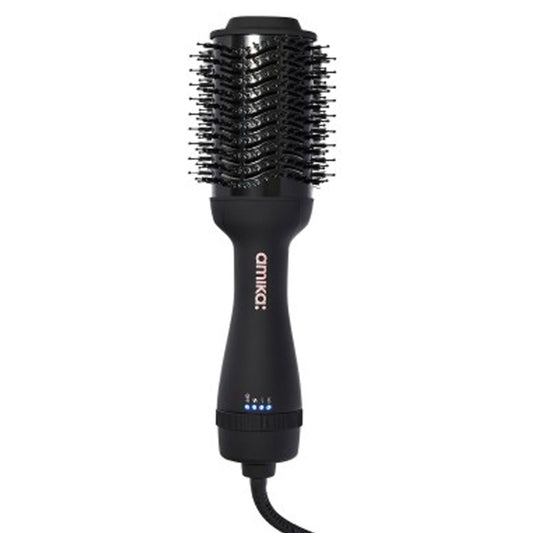 Amika Hair Blow Dry Brush 2.0 i elegant svart design för voluminösa utblåsningar och 2x glans. Idealiskt hårstylingverktyg för resultat av salongskvalitet hemma.