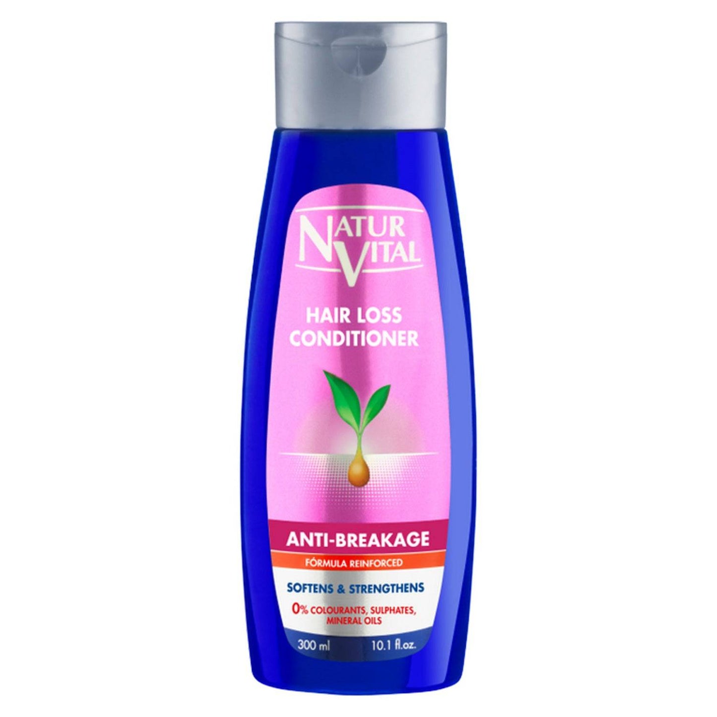 Natur Vital Hair Loss Anti-Breakage Conditioner in a 300ml blue bottle, designed to soften and strengthen hair while preventing breakage.