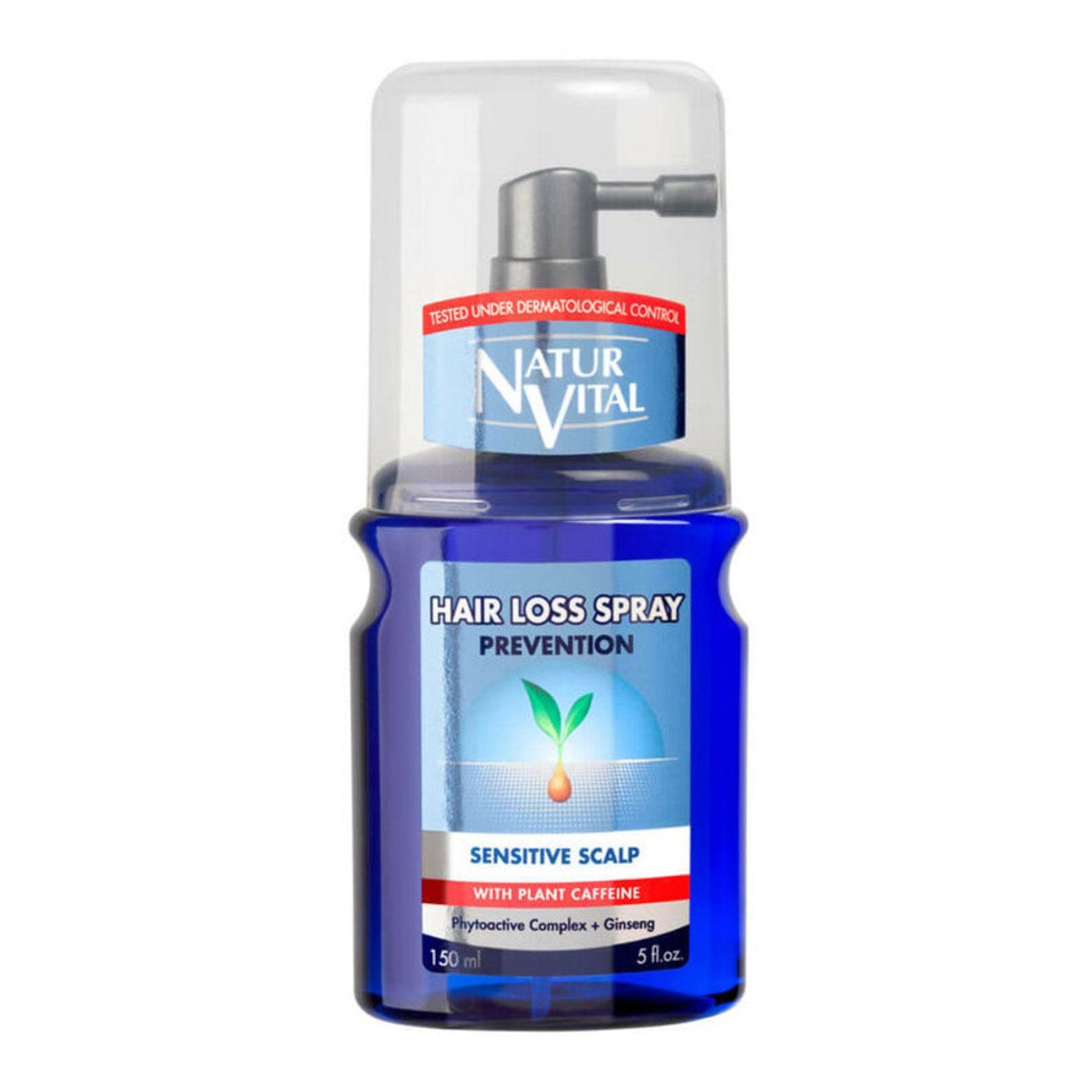 Natur Vital Hair Loss Spray for Sensitive Scalp with plant caffeine in 150ml bottle. Strengthens roots and soothes scalp for daily hair care routine.