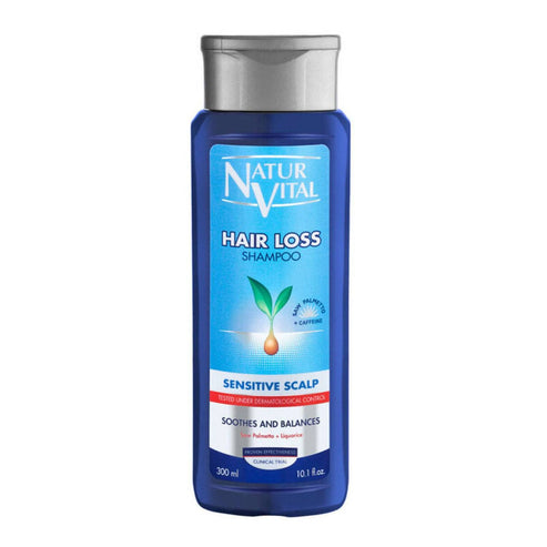 Natur Vital Hair Loss Sensitive Scalp Shampoo with caffeine and licorice for soothing and balancing sensitive scalps. Ideal for daily hair loss care.