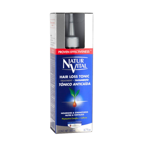 Natur Vital Hair Loss Tonic Treatment in 200ml box with applicator, featuring plant-based formula for hair loss prevention and strengthening.
