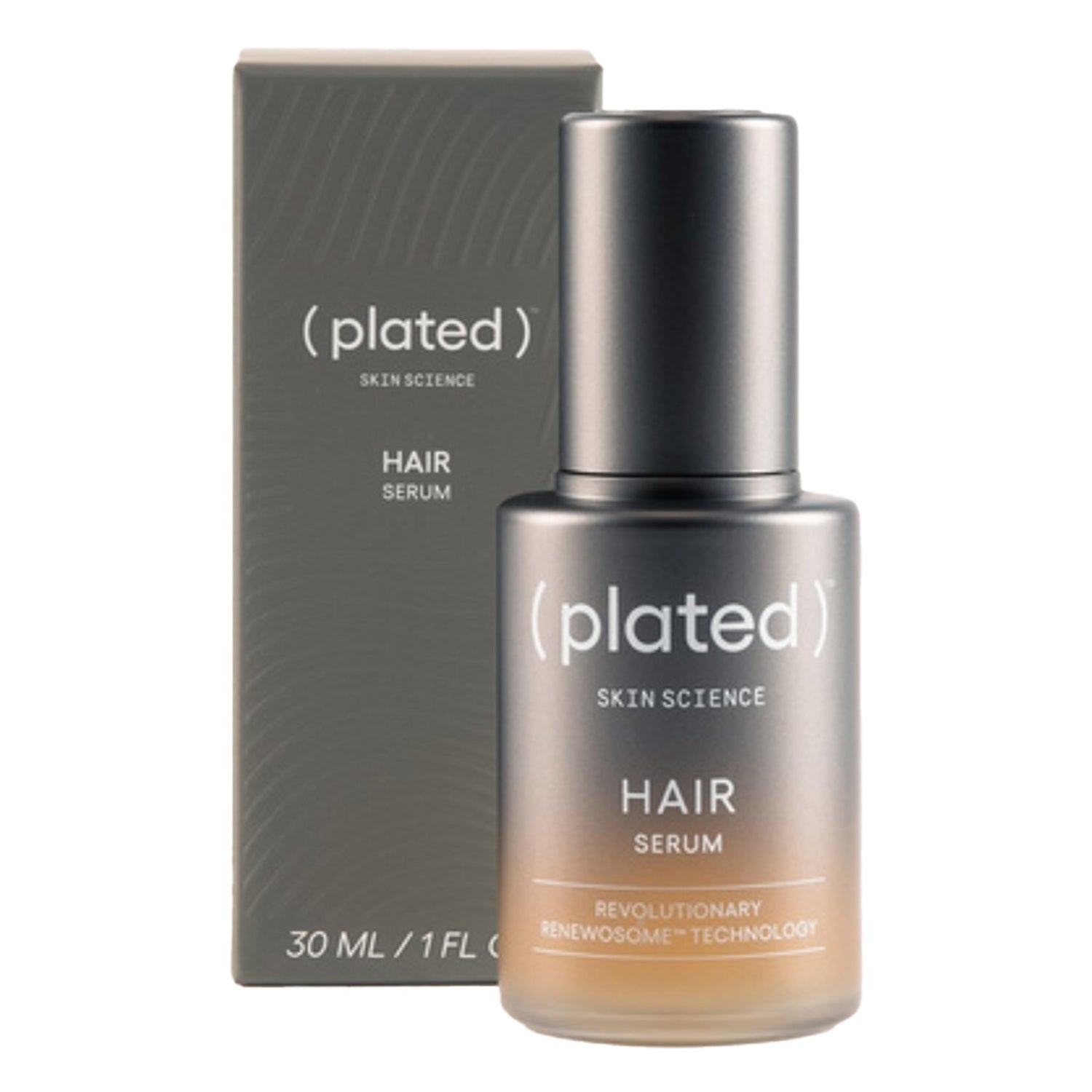 Plated Hair Serum by Plated Skin Science shown with sleek bottle and box. Advanced hair treatment for enhancing hair strength and volume.