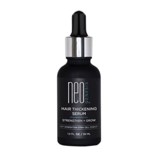 Sérum épaississant NeoGenesis en flacon compte-gouttes noir conçu pour renforcer et faire pousser les cheveux fins. Parfait pour les problèmes de perte de cheveux et d’amincissement.