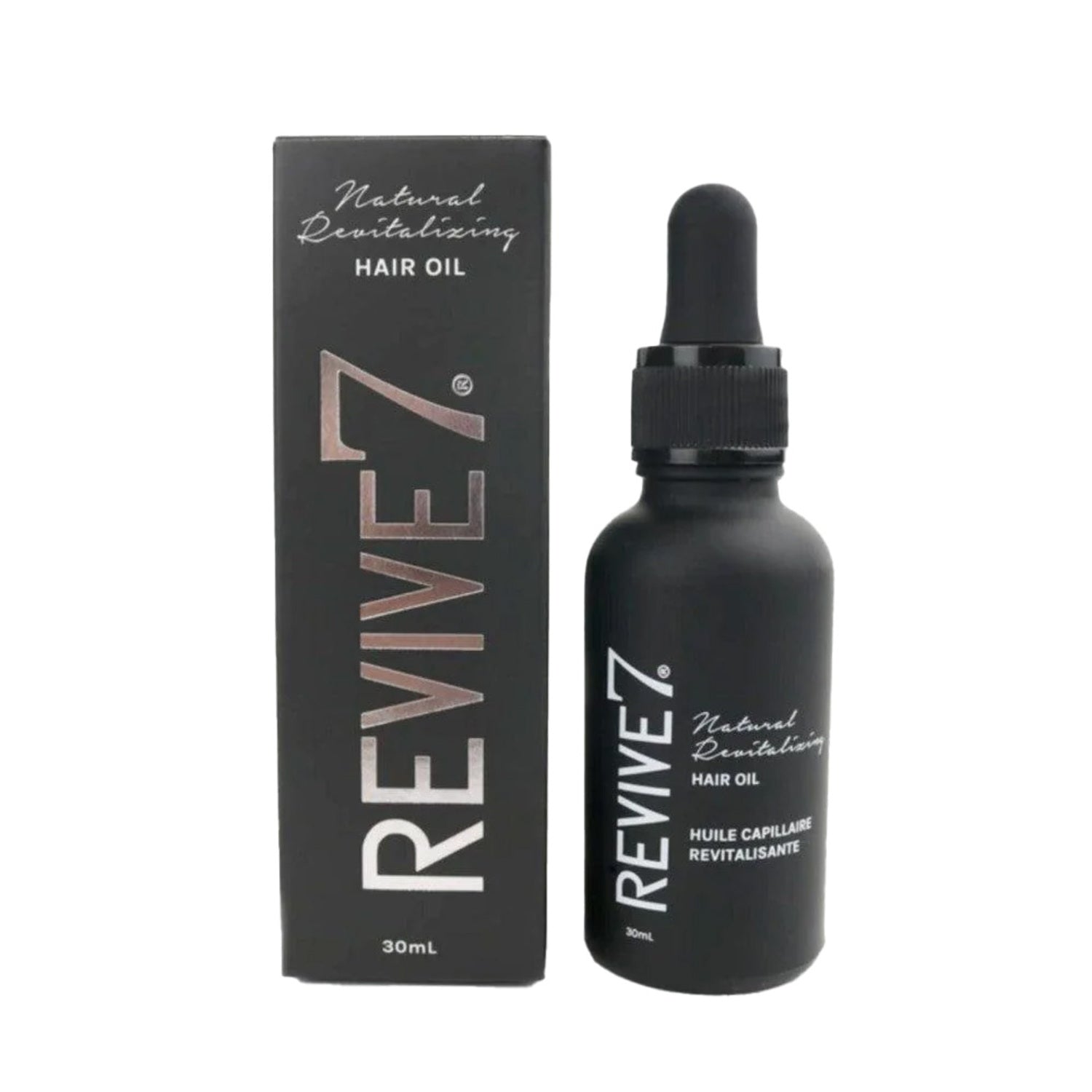 Revive7 Hair Treatment - Hair Growth Oil packaging featuring sleek black design. Organic, vegan hair care for men and women.