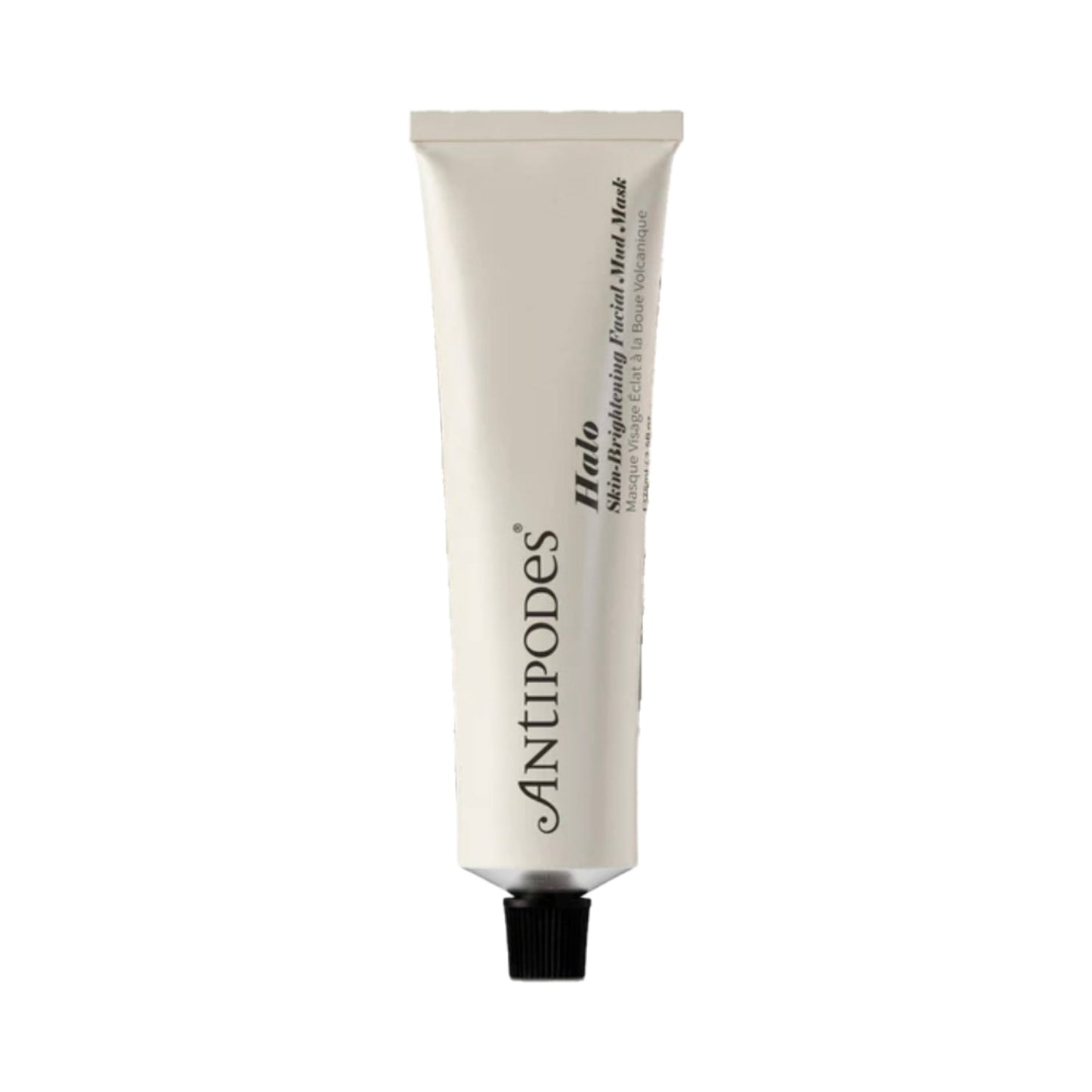 Antipodes® Halo Natural Facial Mud Mask in a sleek beige tube with black cap, ideal for detoxifying and brightening skin. Premium skincare for face and neck.