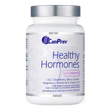 CanPrev Healthy Hormones supplement bottle for women with magnesium, vitamin B6, and D3. Supports hormone balance and premenstrual symptom relief.
