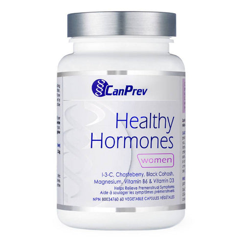 CanPrev Healthy Hormones supplement bottle for women with magnesium, vitamin B6, and D3. Supports hormone balance and premenstrual symptom relief.