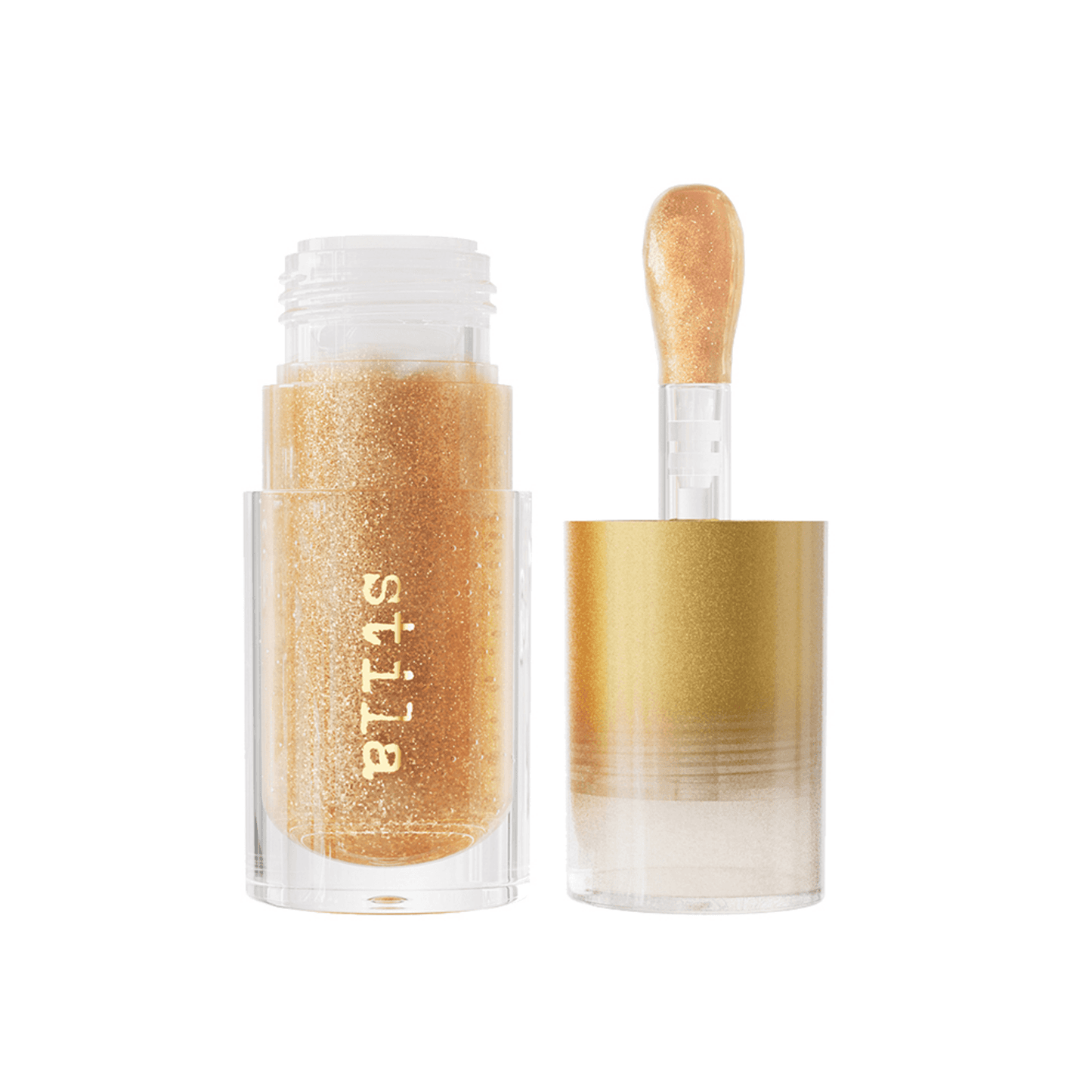 Stila Gel Lip Oil in shimmering gold shade with hydrating formula and sleek gold cap. Ideal for glossy, non-sticky lip shine.
