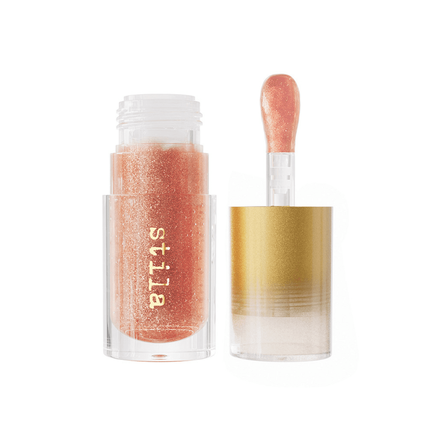 Stila Gel Lip Oil in silver glitter finish, offering a hydrating, high-shine look in a sleek gold-capped tube.