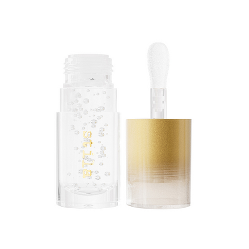 Stila Gel Lip Oil in golden shimmer, enriched with hydrating ingredients in a stylish gold and clear tube.