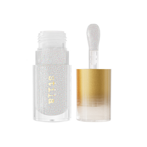 Stila Gel Lip Oil in warm nude brown, featuring a rich gel texture and gold cap for smooth, hydrated lips.