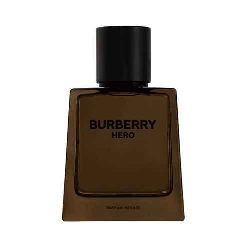 Burberry Hero Parfum Intense men's fragrance in a sleek dark amber bottle. Features cedarwood oils for a bold, intense scent experience.