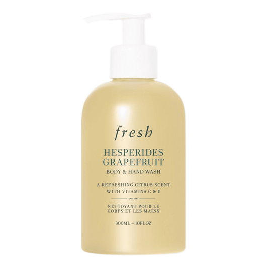 Fresh Hesperides Grapefrukt Body og Håndvask i 300 ml pumpeflaske. pH-balansert formel med vitamin C og E for forfriskende sitrusrens.