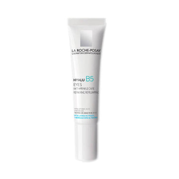 La Roche Posay Eye Cream - Hyalu B5 Eye Cream in a white tube with blue and black text, designed to reduce wrinkles and hydrate eye contours.