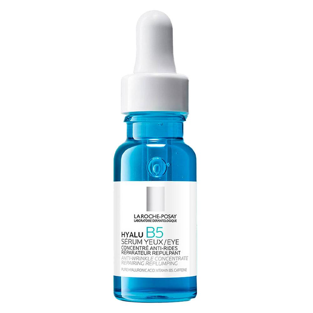 La Roche Posay Hyalu B5 Serum Eye Treatment with hyaluronic acid and caffeine in a blue dropper bottle. Targets wrinkles and dark circles.
