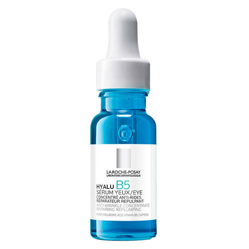 La Roche Posay Hyalu B5 Serum Eye Treatment with hyaluronic acid and caffeine in a blue dropper bottle. Targets wrinkles and dark circles.