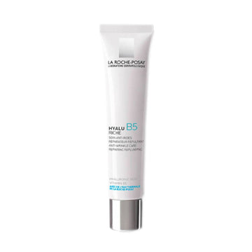 La Roche Posay Hyalu B5 Rich Moisturizer in white tube packaging with blue accents. Anti-aging cream ideal for dry to very dry facial skin.