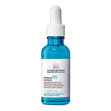 La Roche Posay Hyalu B5 Serum anti-wrinkle treatment in a blue dropper bottle. Face serum with hyaluronic acid and vitamin B for skin repair.