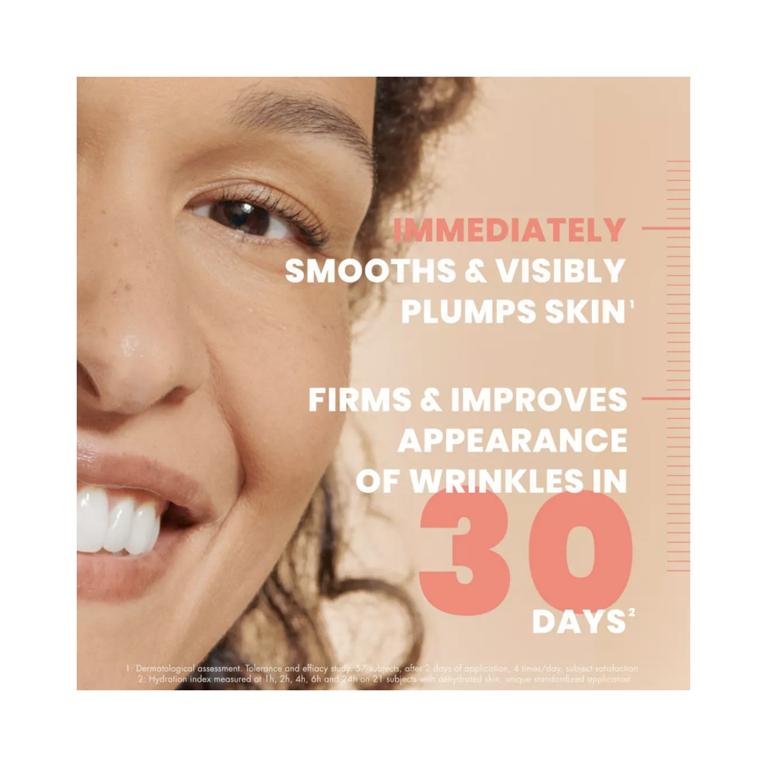 Smiling woman with smooth skin promoting Avene Hyaluron B3 Cream's 30-day results in firming, plumping, and wrinkle reduction.