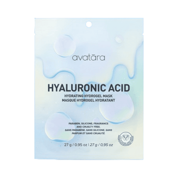 Avatara Hydrating Hydrogel Mask with hyaluronic acid in a pastel blue and white pouch, ideal for deep facial hydration and skincare routines.