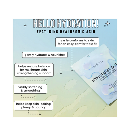Avatara Hydrating Hydrogel Mask benefits chart with product image, detailing hydration, skin plumping, and smoothing effects for facial care.