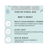 Infographic showing key ingredients in Avatara Hydrating Hydrogel Mask: multi-hyaluronic combo, aloe leaf, and white birch for skin hydration and soothing.