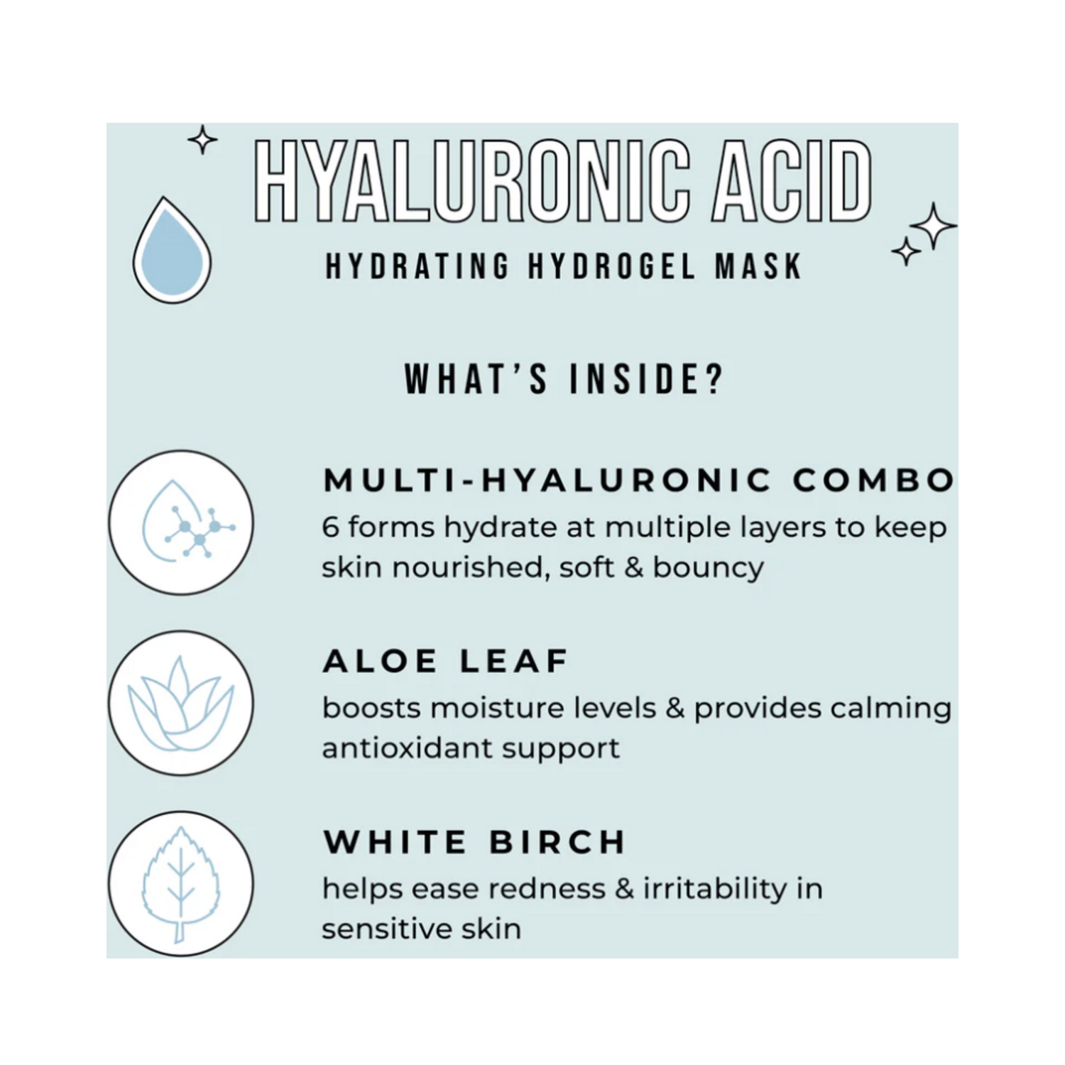 Infographic showing key ingredients in Avatara Hydrating Hydrogel Mask: multi-hyaluronic combo, aloe leaf, and white birch for skin hydration and soothing.