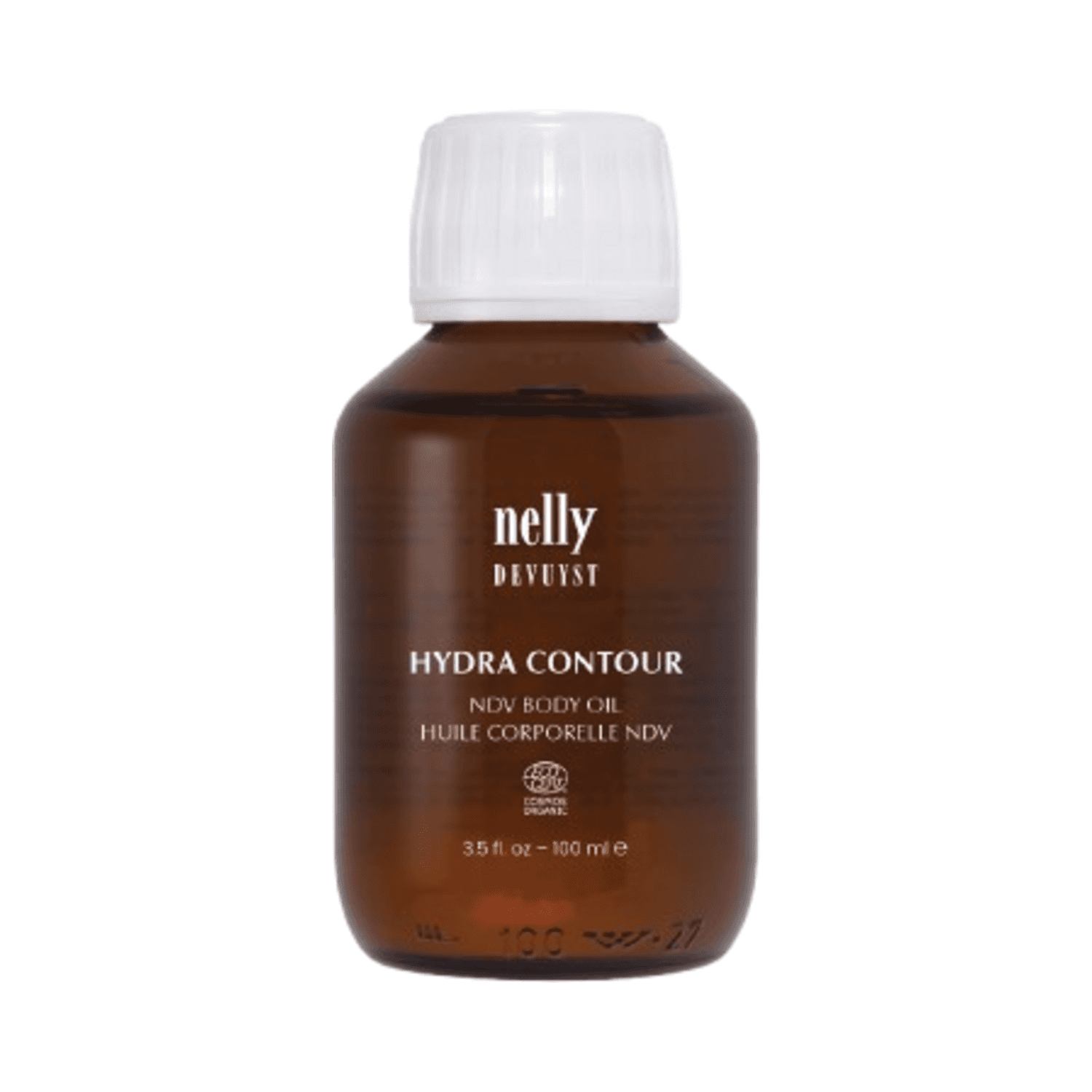 Hydra Contour Body Oil by Nelly Devuyst in a 100 ml amber bottle. A nourishing elixir rich in omega plant oils for firmer, radiant skin.