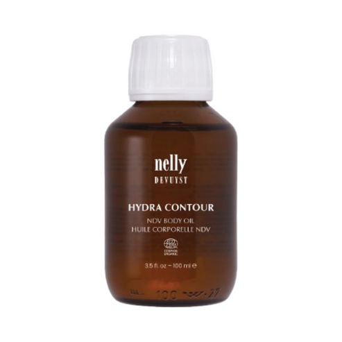 Nelly Devuyst Hydra Contour Body Oil in eco-certified packaging. Ideal for dry skin, promoting collagen and body hydration.