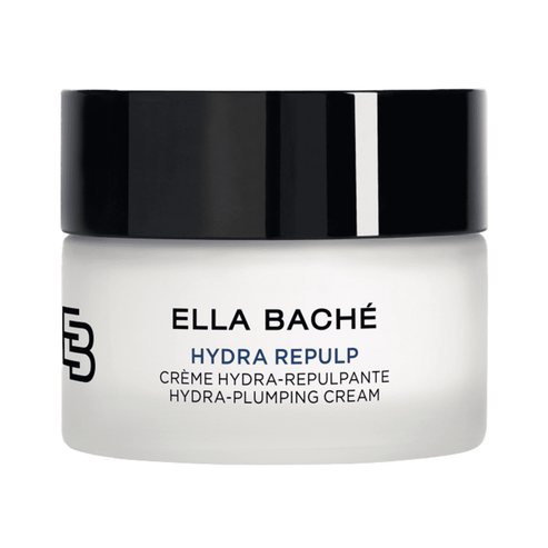 Ella Bache Hydra-Plumping Cream in a sleek white jar with black lid, designed to rehydrate and plump facial skin instantly and effectively.