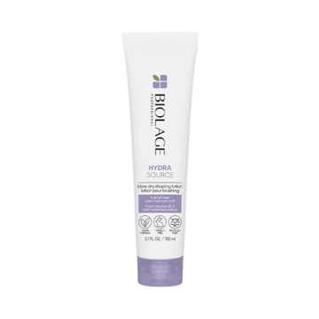 Biolage Hydra Source Blow Dry Shaping Lotion in 150ml tube for heat protection and lasting moisture. Ideal for dry hair styling and hydration.