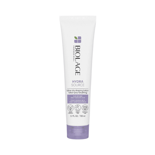 Biolage Hydra Source Blow Dry Shaping Lotion tub med aloe och hyaluronsyra för värmeskydd och bestående fukt i hårvårdsrutinen.