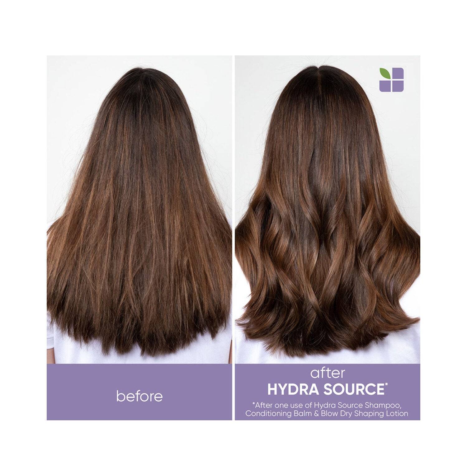 Before and after results using Hydra Source Blow Dry Shaping Lotion showing enhanced shine, moisture, and defined hair shape.