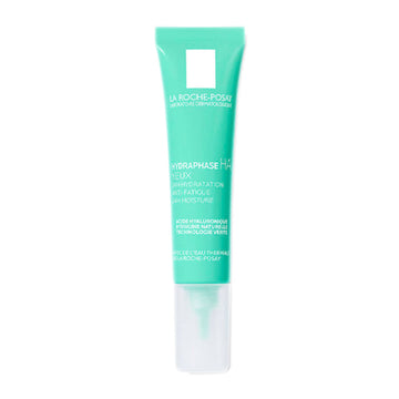 La Roche Posay Hydraphase Intense Eyes eye cream in green tube packaging. Hydrating eye treatment with hyaluronic acid for puffiness and fine lines.