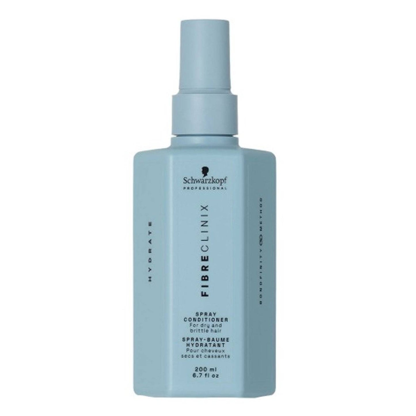 Fibre Clinix Hydrate Spray Conditioner - hydrating spray conditioner for dry hair in a 200ml blue bottle. Ideal for detangling and moisturizing hair.